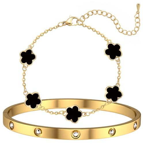 KARCCI 18K Gold Plated Lucky Clover Bracelet and Friendship Love Bangle Bracelets Set for Women Girlfriend Gold Cubic Zirconia Bracelet Set, Christmas Valentines Wedding Birthday Gifts | Amazon (US)