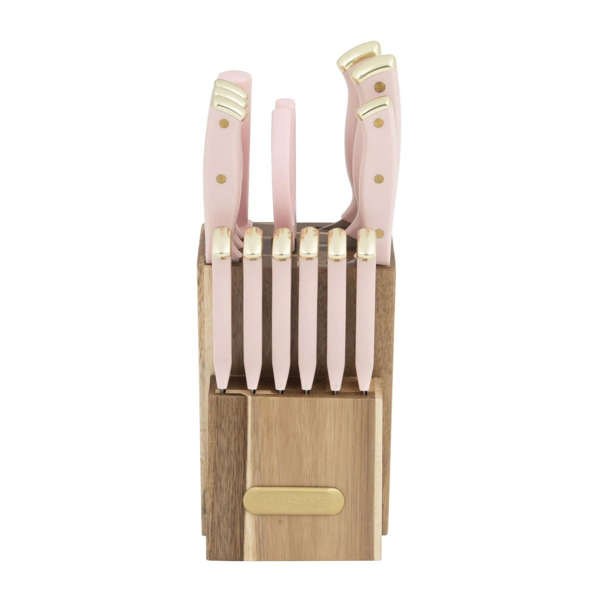 15-Piece Triple Riveted Stainless Steel Knife Set with Acacia Block Blush Gold | Shop Simon