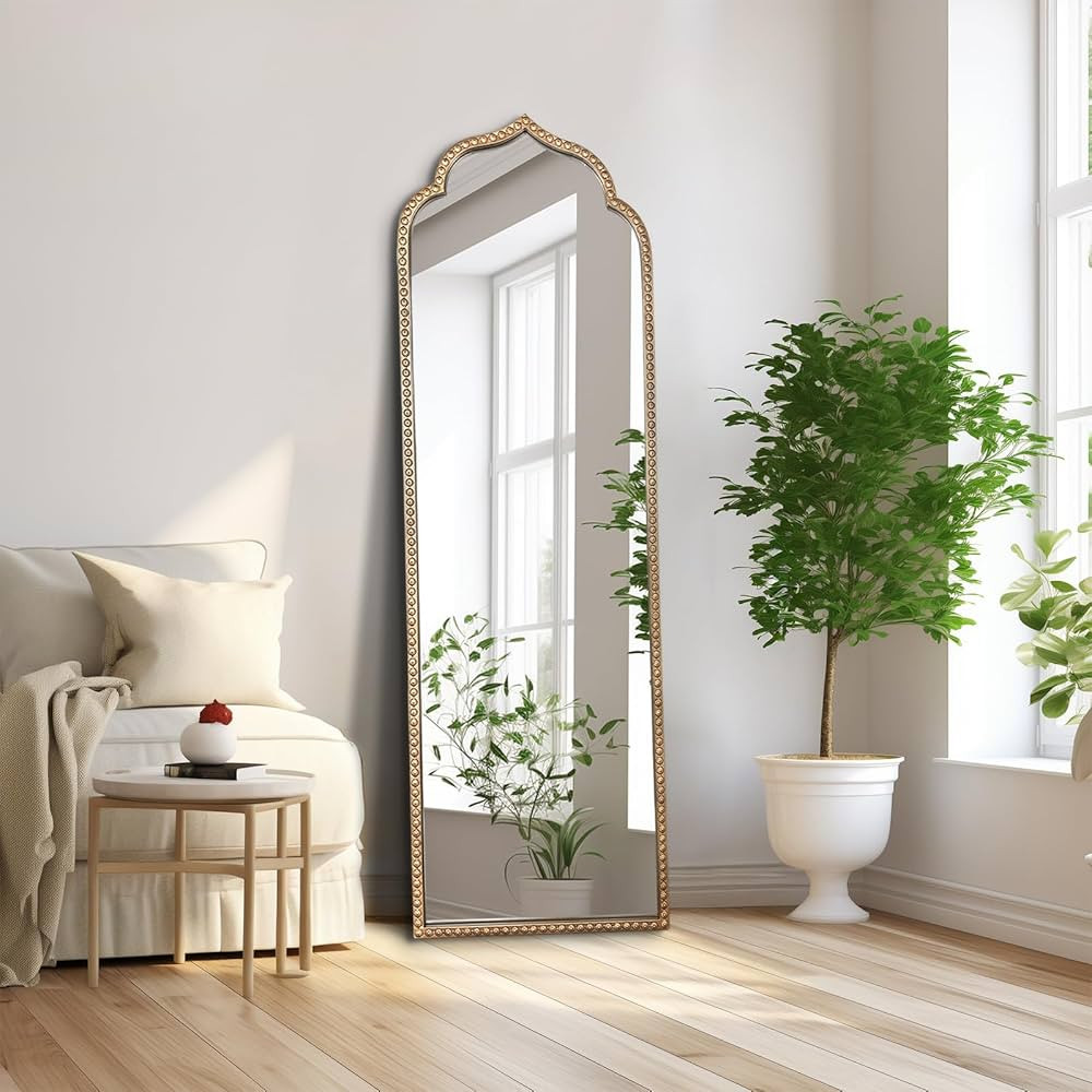 Large Gold Arched Mirror, 21"x64" Arch Standing Floor Mirrors for Dressing, Metal Beaded Frame Vi... | Amazon (US)