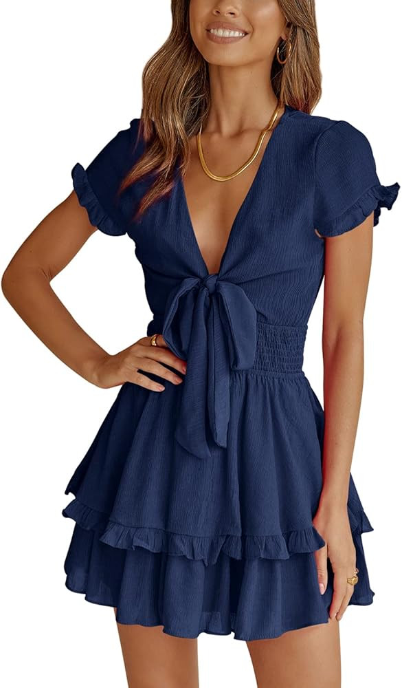 SySea Women's Summer Dresses 2023 V Neck Tie Front Flowy Short Sleeve Ruffle Mini Dress | Amazon (US)