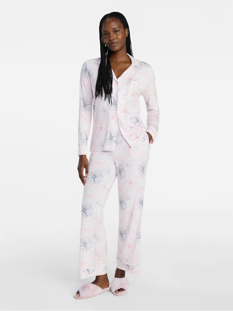 Joyspun Women’s Sleep Modal Long Sleeve Notch Top and Pants Pajama Set, Size XS-XL, 2X-3X | Walmart (US)