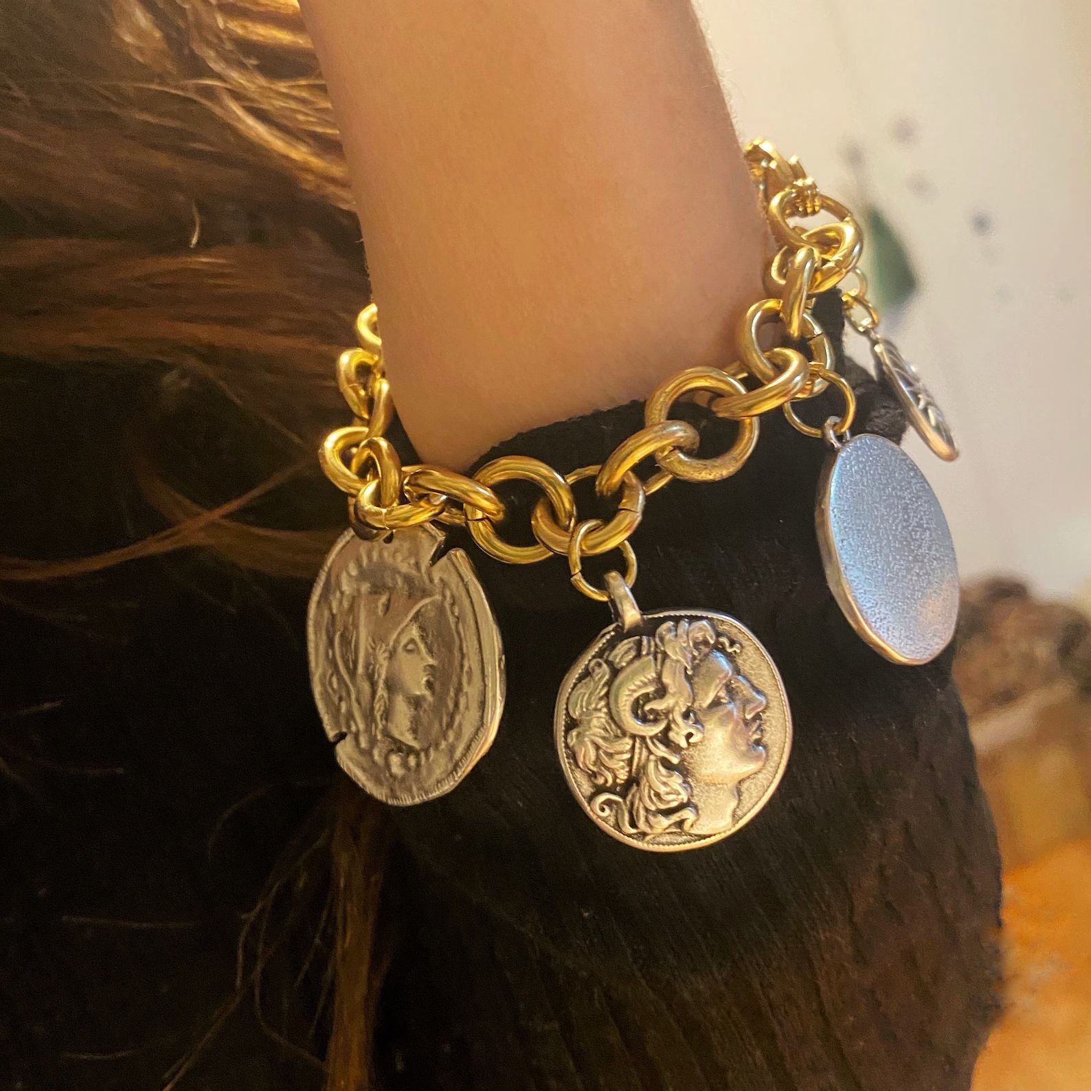 Coins Bracelet, Multi Charm Bracelet, Gold Silver Chunky Bracelet, Large Greek Coin Bracelet, Ove... | Etsy (US)