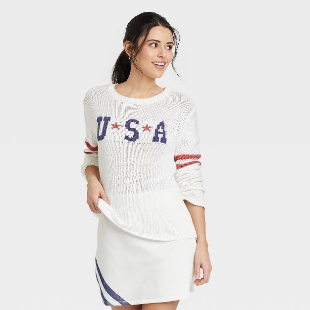Women&#39;s USA Stars Graphic Knit Sweater - White M | Target