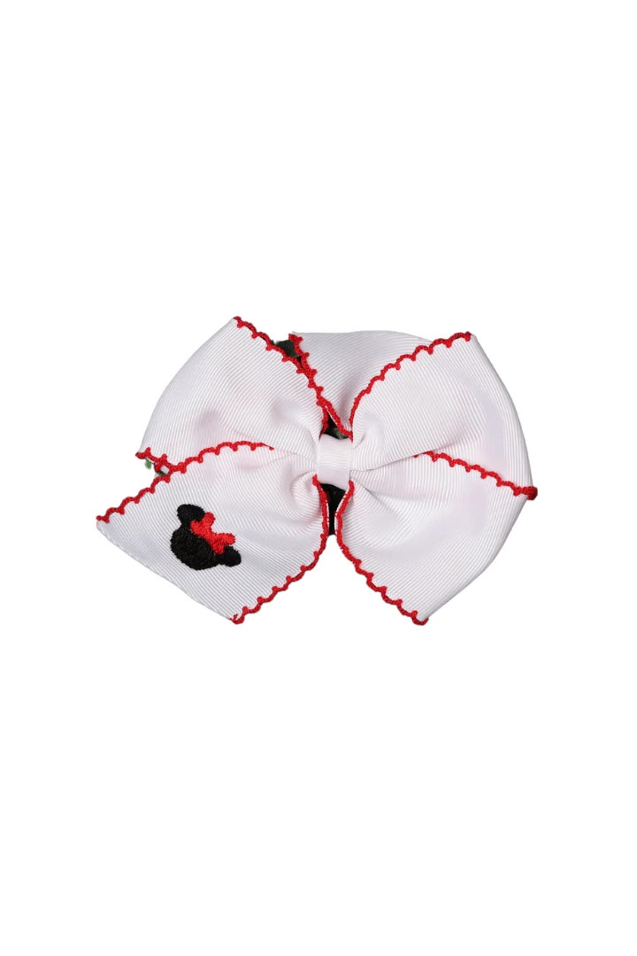 Embroidered Mouse Scalloped Edge Grosgrain Bow White/Red | The Smocked Flamingo