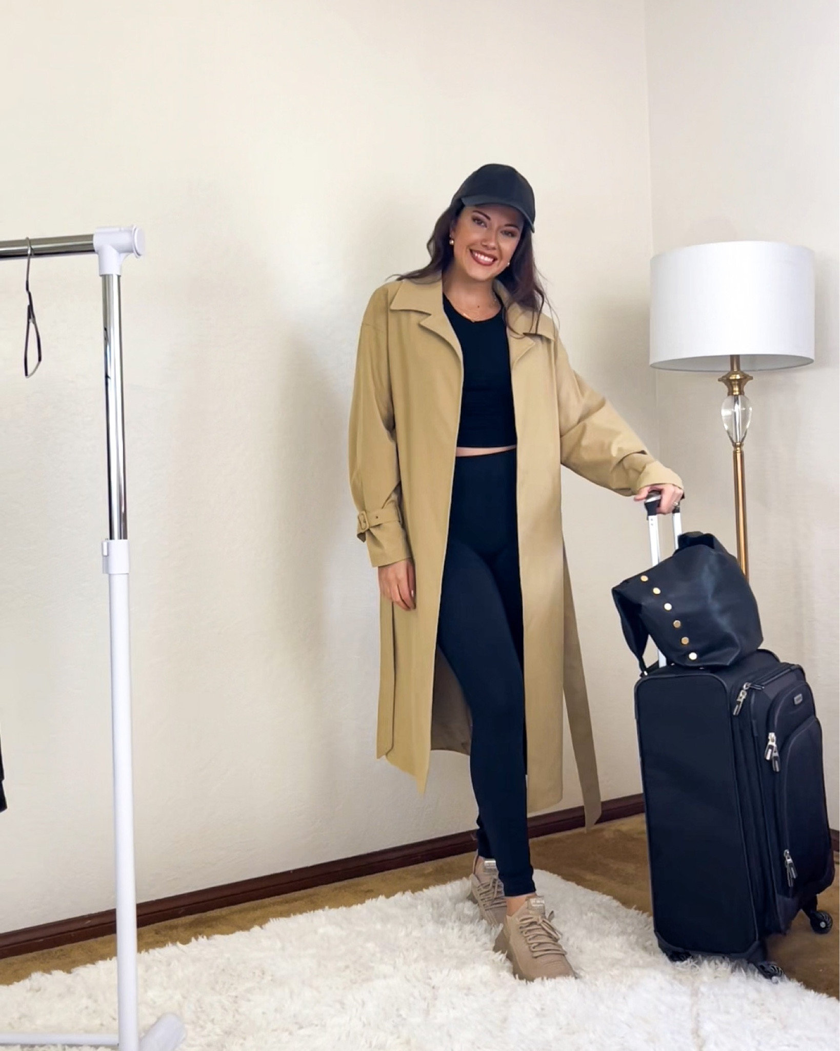 Stylish travel outfit! Added exact and similar options here for you!
- trench coat
- leggings
- neutral outfit