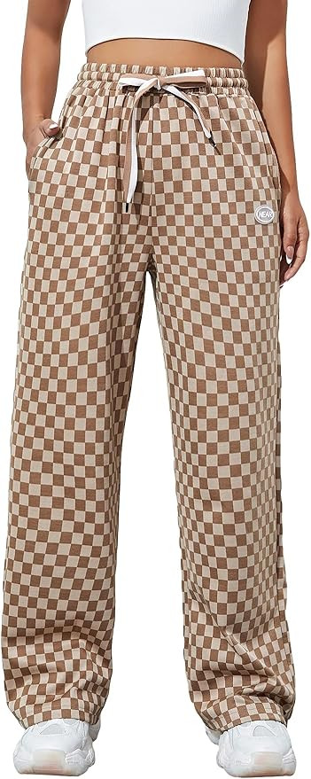 GORGLITTER Women's Checkered Letter Patched Sweatpants Drawstring Waist Pocket Joggers Pants | Amazon (US)