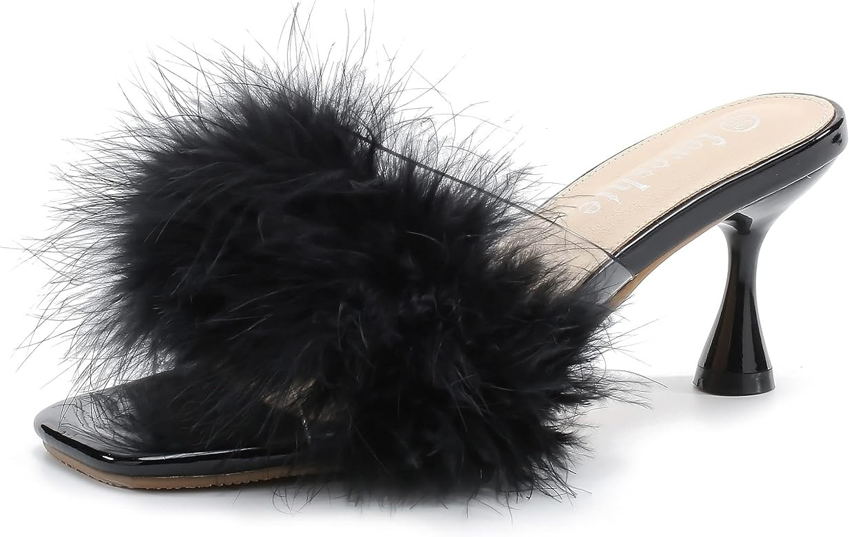 fereshte Women's Feather Heels Sandals Fluffy Fur Clear Strap Slip On Square Toe Kitten Mules | Amazon (US)