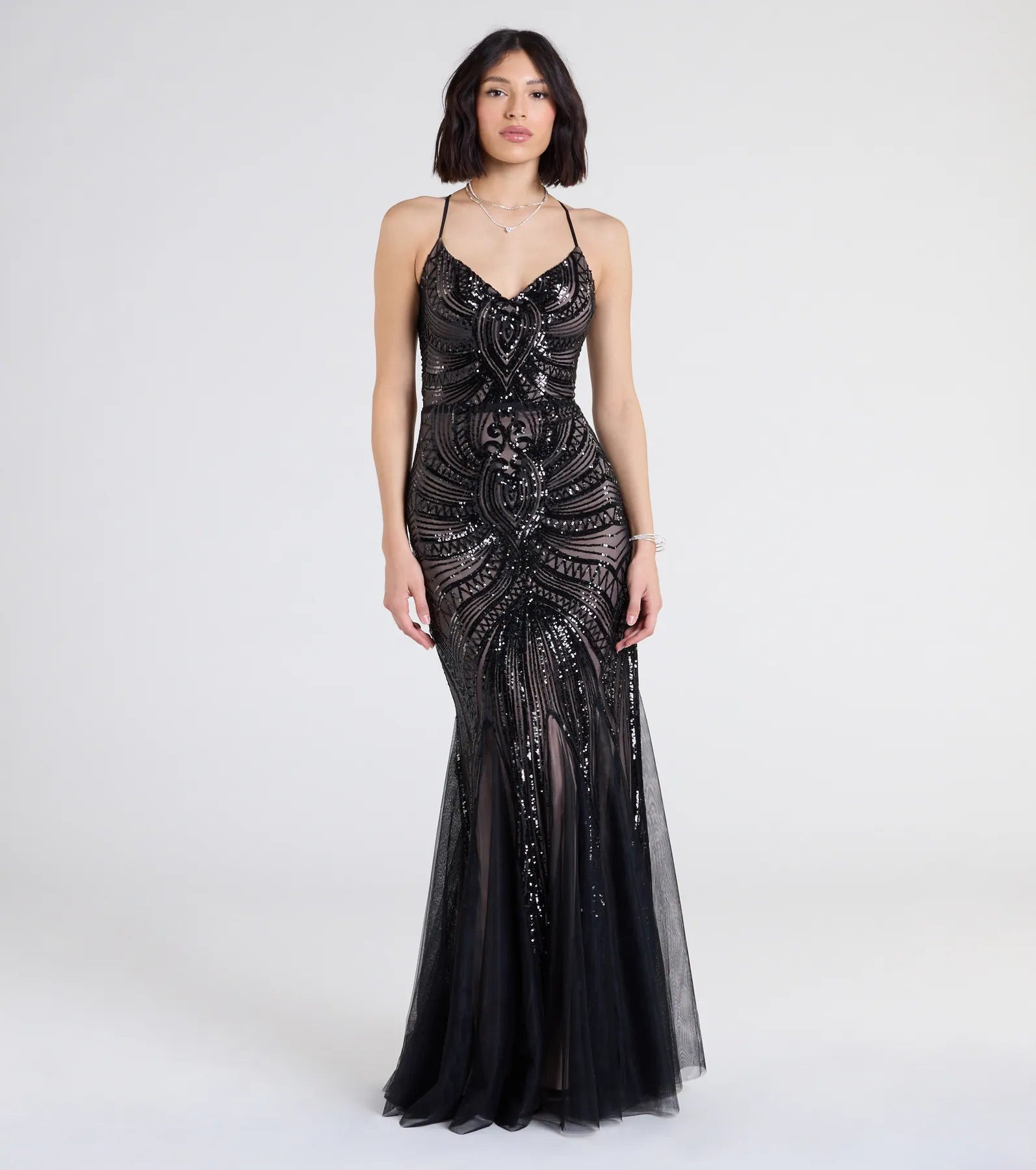 Brooke Lace-Up Mermaid Sequin Mesh Formal Dress | Windsor Stores