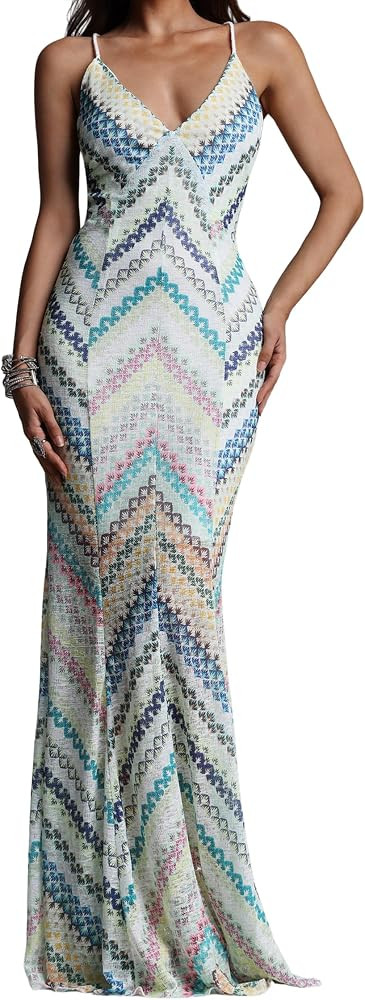 Blue Multicolor Chevron Print Maxi Dress for Women Spaghetti Strap V-Neck Mermaid Bodycon Beach W... | Amazon (US)