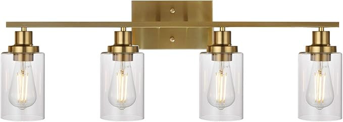 MELUCEE Brass Vanity Lights Wall Sconce 4-Light, Bathroom Light Fixtures with Clear Glass Shade W... | Amazon (US)