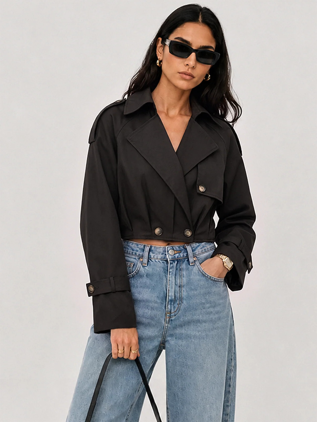 Lapel Double\u2011Breasted Cropped Trench Coat | Commense