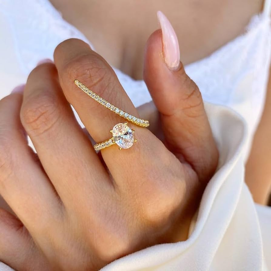 18K Gold Open Eternity Band Rings for Women Moissanite Wedding Band Adjustable Open Twist Simulated Diamond Eternity Cute Half Pave Anniversary Rings Dainty Statement Eternity Size 7 | Amazon (US)