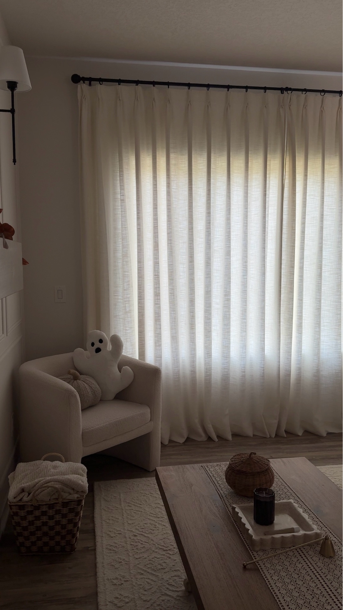 Custom twopages curtains: mine are the Liz collection in Ivory (triple pleated, memory lined, with room darkening lining) 