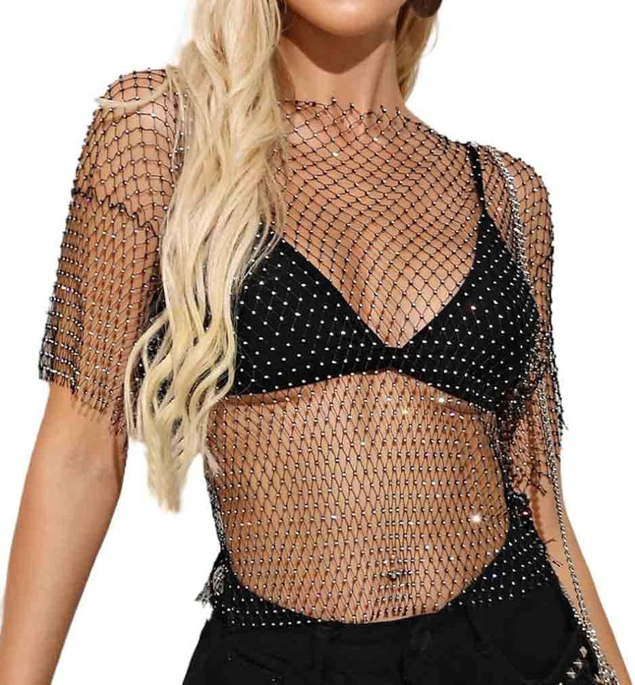 Formery Mesh Rhinestone Cover Ups Black Crewneck See Through Coverup Top Music Festival Party Cov... | Amazon (US)
