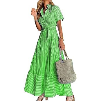 Ladyful Women Striped Maxi Dress Short Sleeve Summer Belt Long Shirt Dress | Button down, Pockets... | Amazon (US)