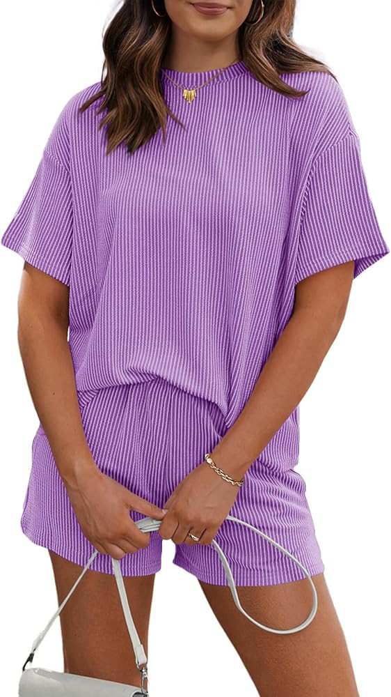 RUBZOOF Women's 2 Piece Sets Short Sleeve Outfits Ribbed Textured Knit Lounge Shorts Set Oversize... | Amazon (US)