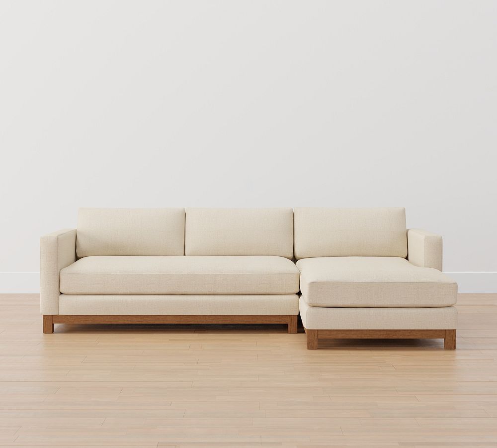 Jake Upholstered Sofa Chaise Sectional with Brindle Wood Base | Pottery Barn (US)