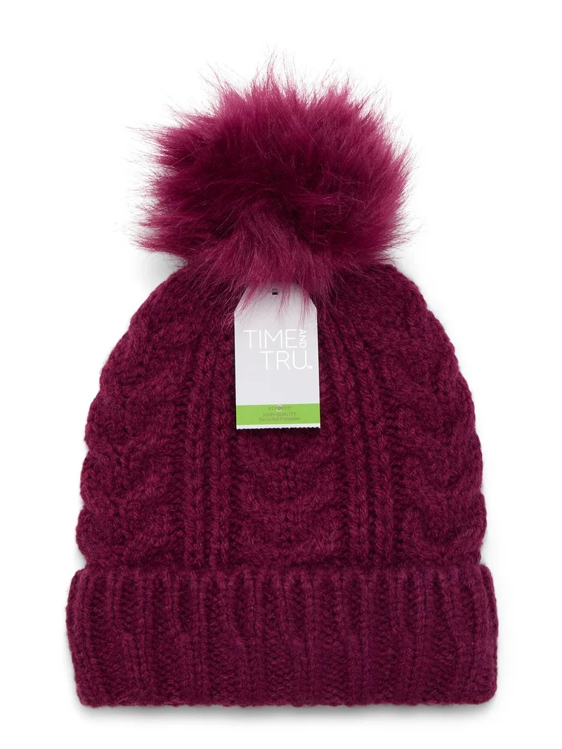 Time and Tru Women's Cable Pom Cuff Beanie, One Size Fits Most, Wine | Walmart (US)
