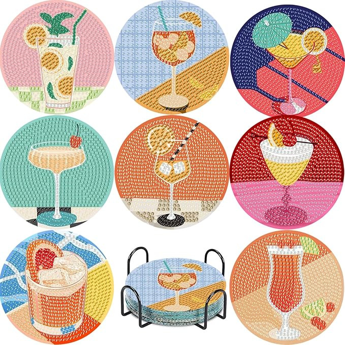 CAMOYAI 8 pcs Diamond Art Coasters Kits with Holder, DIY 5D Retro Cocktail Diamond Painting Coast... | Amazon (US)