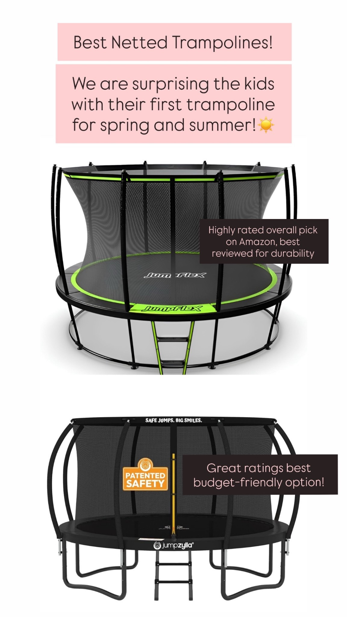 Best netted outdoor trampoline options! We are getting the jump flex for our kids for Easter to enjoy all summer! 


#LTKKids #LTKSeasonal #LTKSaleAlert