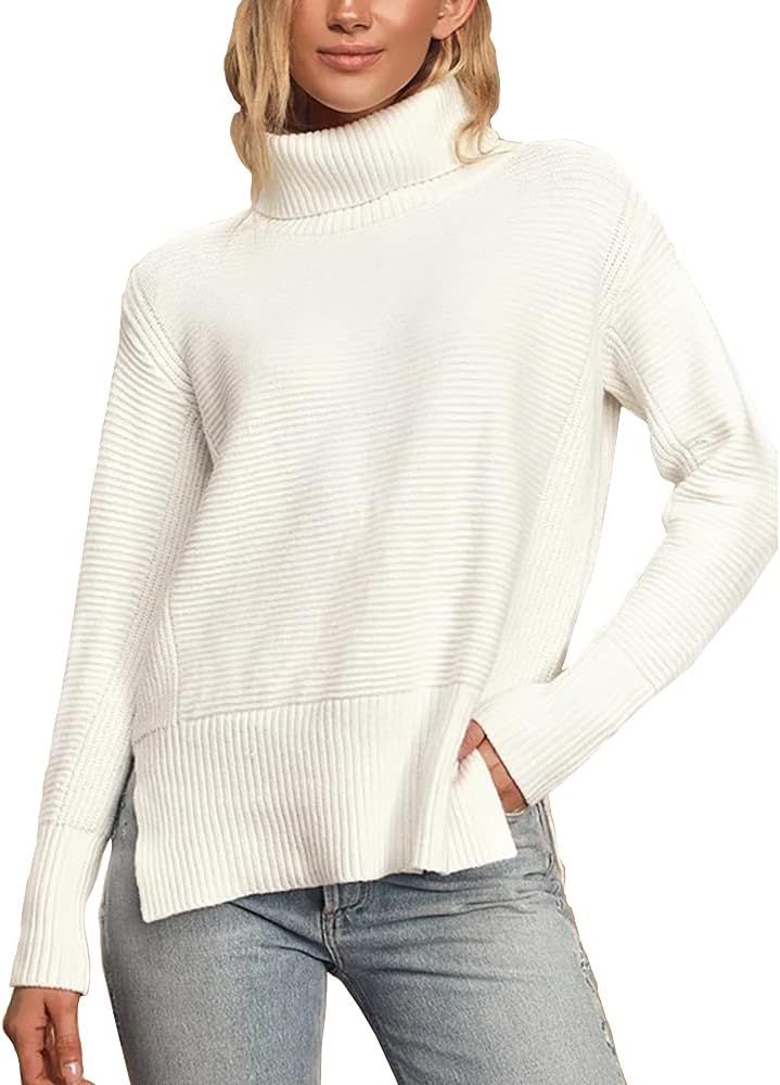 Women's Turtleneck Sweater Solid Color Long Sleeve Pullover Side Cardigan Loose Coarse Knit Ribbe... | Amazon (US)