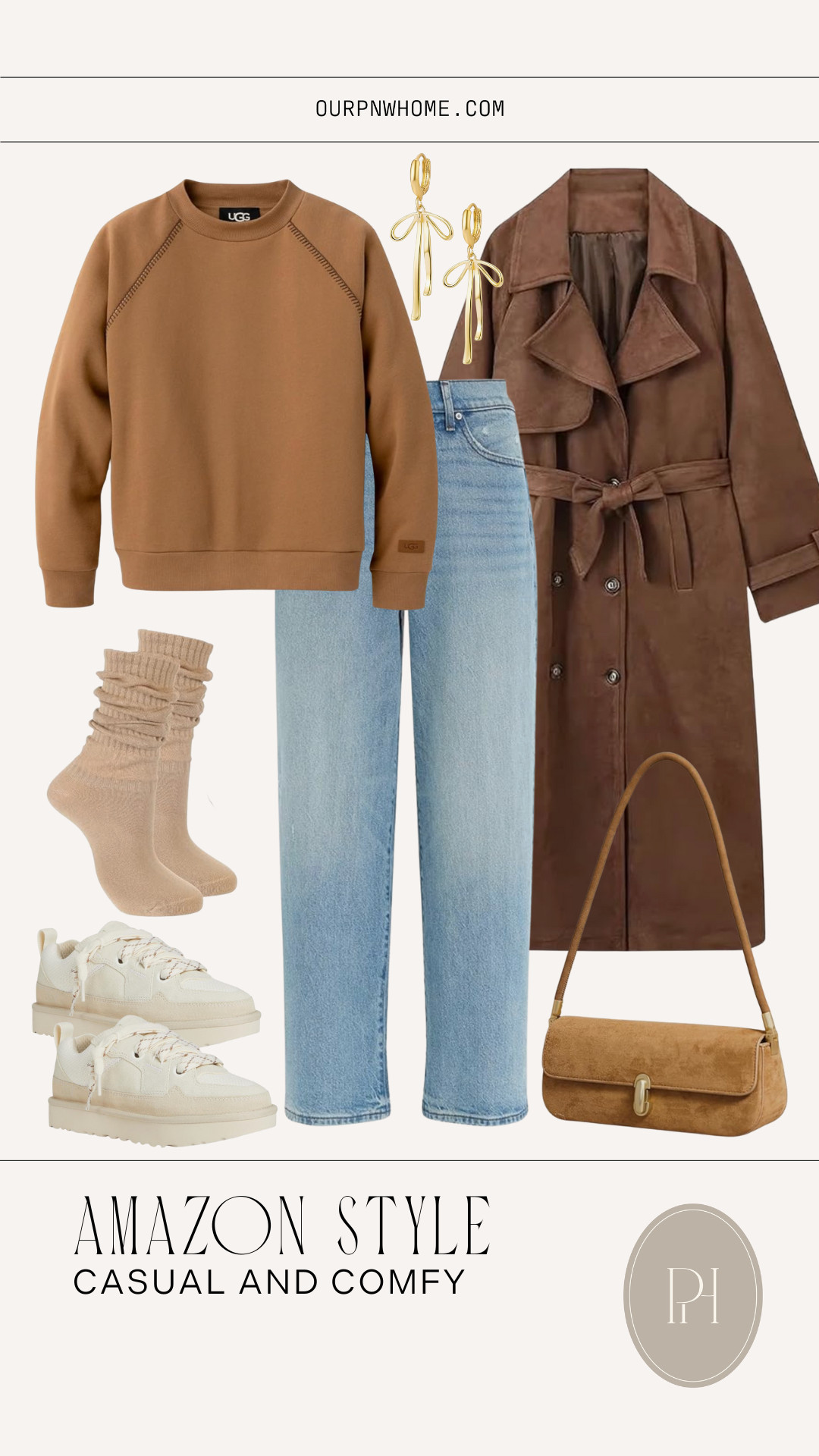 Loving these super cute casual pieces from Amazon for a comfy everyday look!

UGG sweatshirt, UGG sneaks, brown sweatshirt, crewneck sweatshirt, neutral fashion, brown trench coat, suede coat, mom look, mom outfit, winter fashion, winter look, winter style, winter outfit, neutral sneakers, tan handbag, neutral purse, suede handbag, bow earrings, tan socks, crew socks, light wash jeans, light was denim, cropped jeans, straight leg jeans, wide leg jeans, neutral fashion 

 #LTKootd #LTKmomlife #LTKFindsUnder100