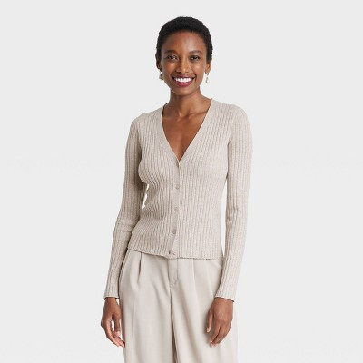 Women's Fine Gauge Ribbed Cardigan - A New Day™ Tan S | Target