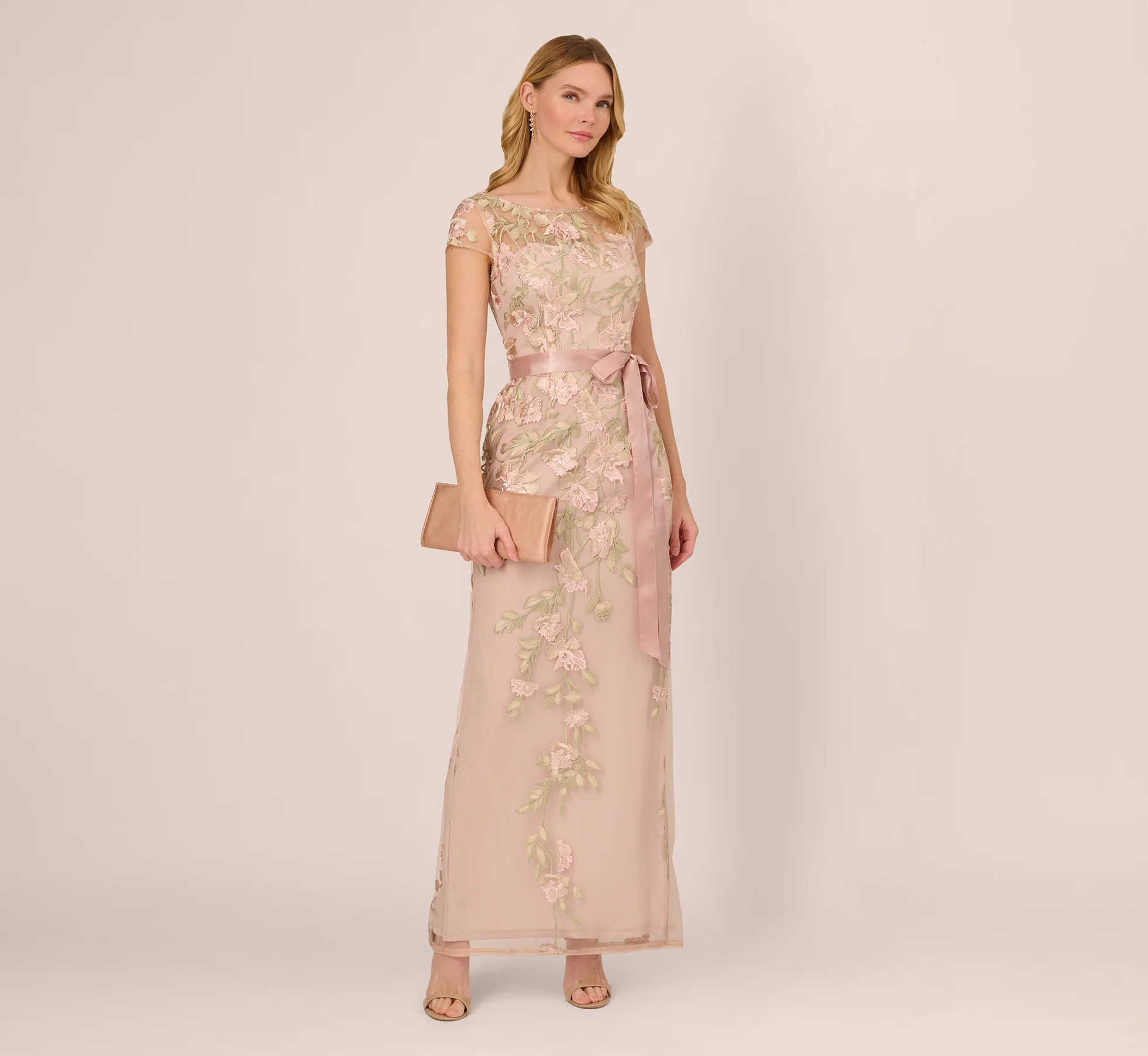 Short Sleeve Floral Embroidered Gown With Ribbon Tie Waist In Blush Nu | Adrianna Papell