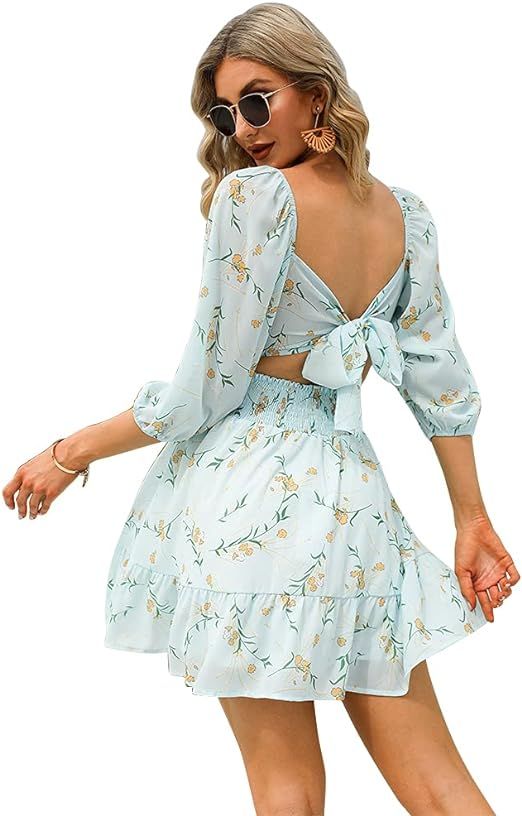 EXLURA Womens Lantern Sleeve Tie Back Dress Ruffled Off Shoulder A-Line Vintage Mini Dress | Amazon (US)