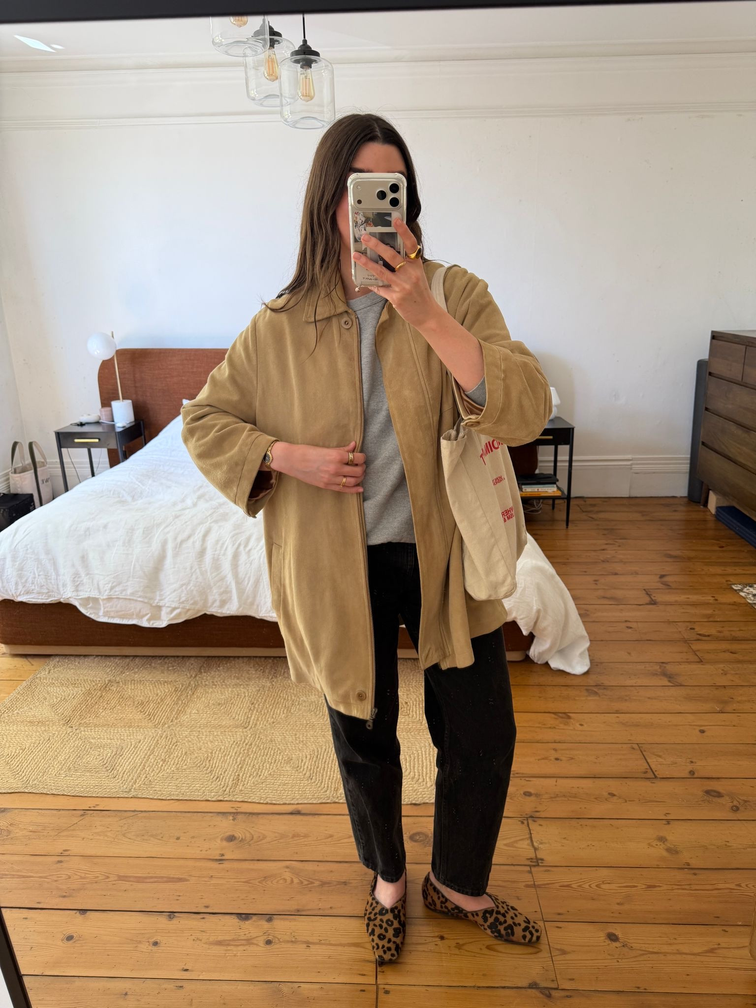 Spring OOTD, styling oversized vintage Max Mara suede jacket with jeans and leopard print flats 

 #LTKspring #LTKstyletip