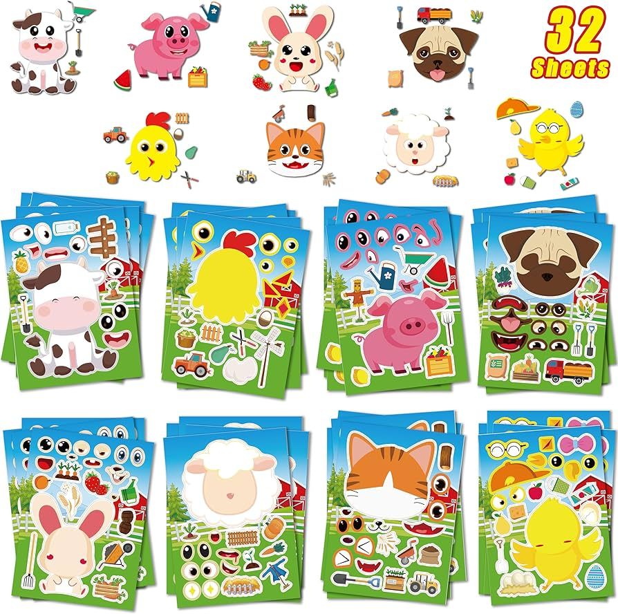 32 Sheets Farm Animal Make-a-face Sticker, Make A Farm Animals Stickers for Kids Todders Activiti... | Amazon (US)