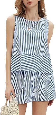 EXLURA Womens 100% Cotton Two Piece Sets Summer Outfits Casual Sleeveless Tank Top Matching Short... | Amazon (US)