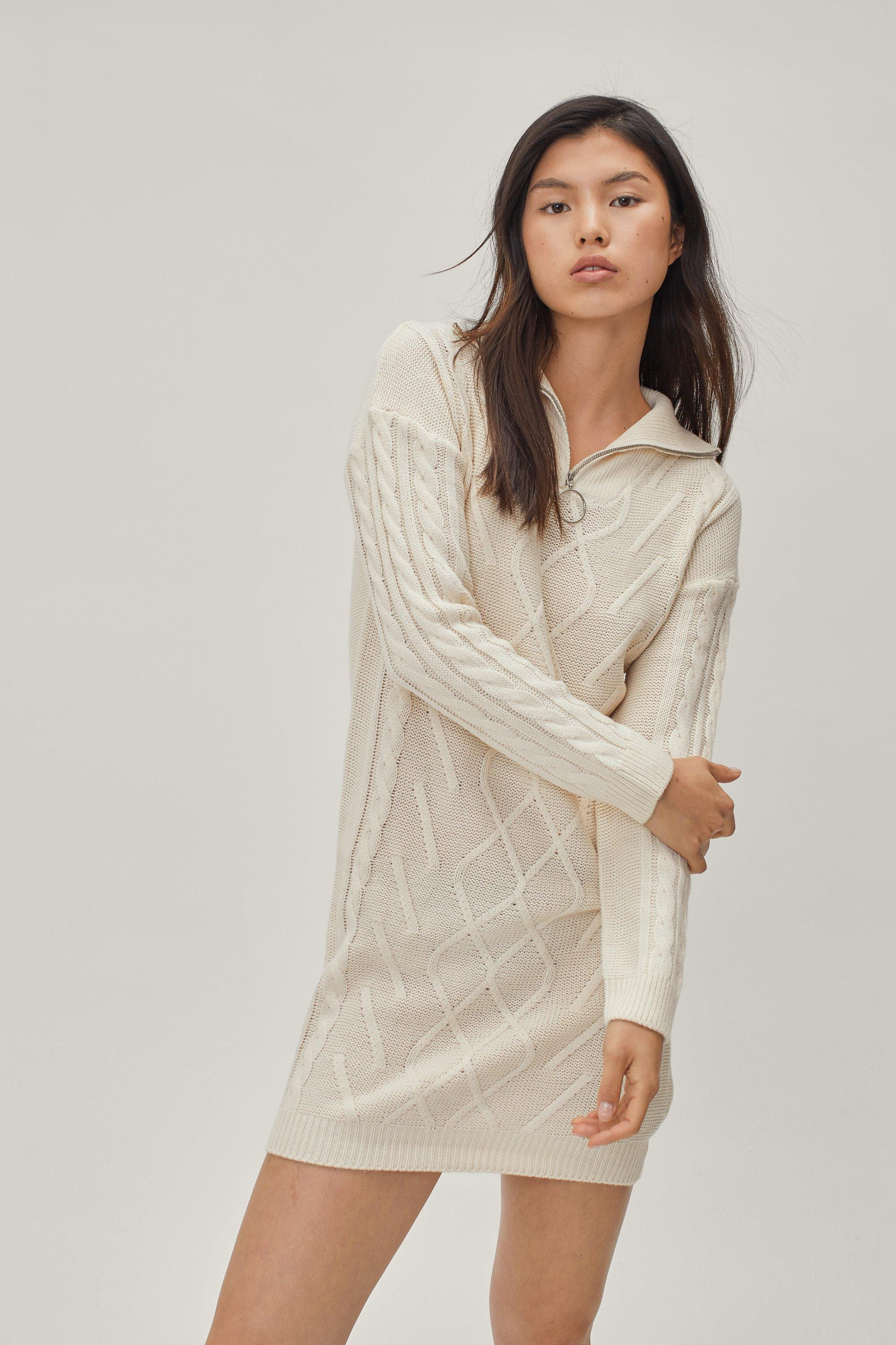 Womens O Ring Zip Up Cable Knit Mini Dress - Cream - XS | Nasty Gal (US)