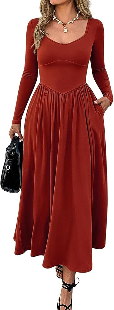Womens Fall Casual Long Sleeve Pleated Maxi Dresses with Pockets | Amazon (US)