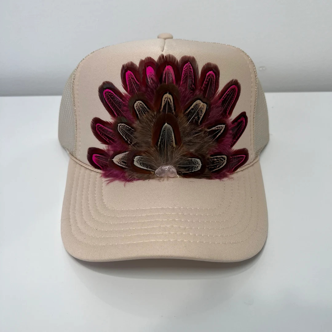 FEATHER Trucker Hat Western Rodeo Trucker Hat Pink Quartz Embellished Trucker Hat Tan Pink - Etsy | Etsy (US)