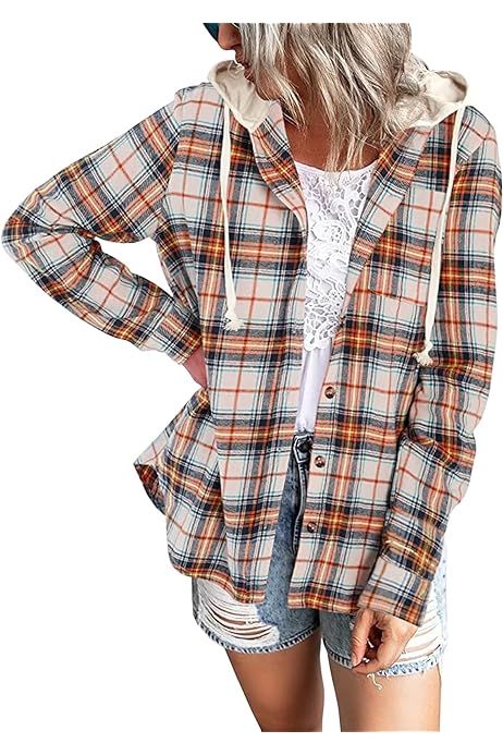 INFITTY Women's Buffalo Plaid Hoodie Long Sleeve Jacket Button Drawstring Casual Fall Shirts with Po | Amazon (US)