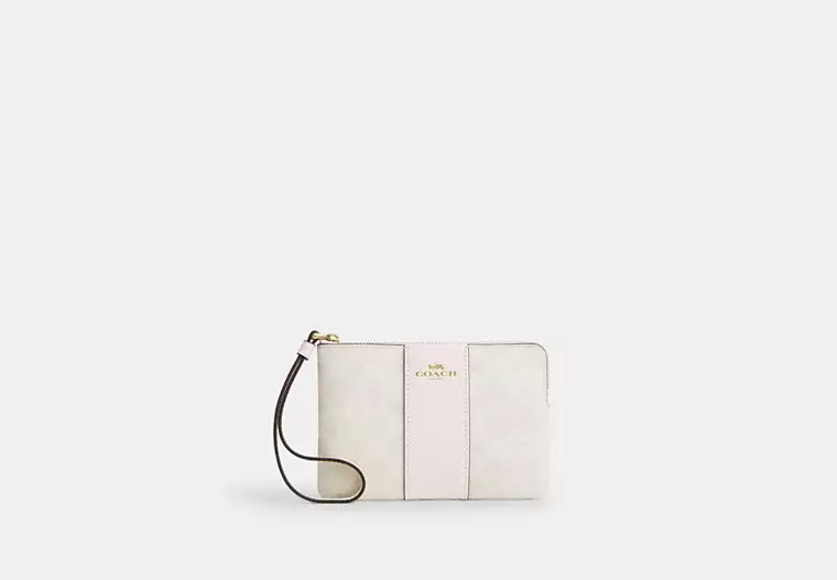Coach Outlet Corner Zip Wristlet In Signature Canvas With Stripe - White | Coach Outlet US