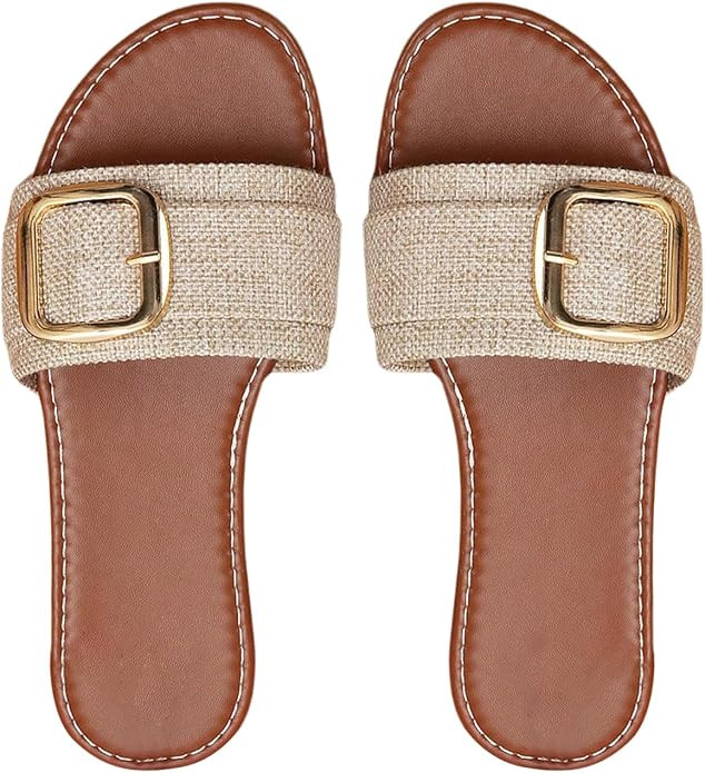 GORGLITTER Women's Trendy Wide Width Flats Sandals Summer Slide Sandals | Beach Vacation Strappy ... | Amazon (US)