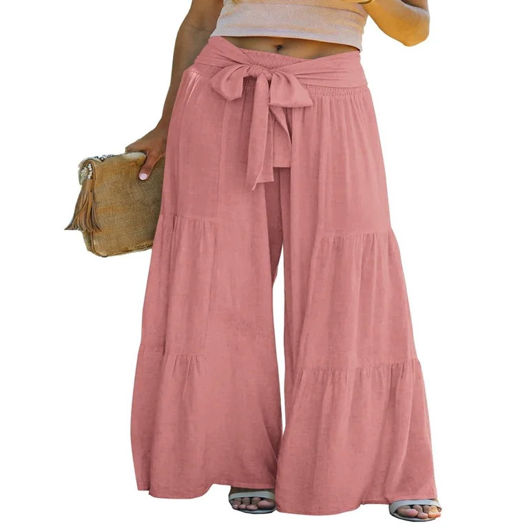 FNNMNNR Women Wide Leg Pants High Waist Boho Pants Flowy Elastic Waist Tiered Palazzo Pants Loung... | Walmart (US)