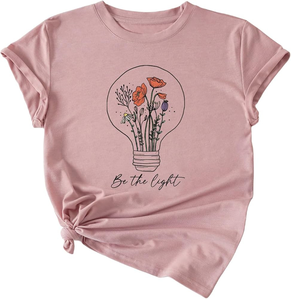 SweatyRocks Women's Floral Letter Graphic Print Round Neck Short Sleeve Tee Shirts Summer Tops | Amazon (US)