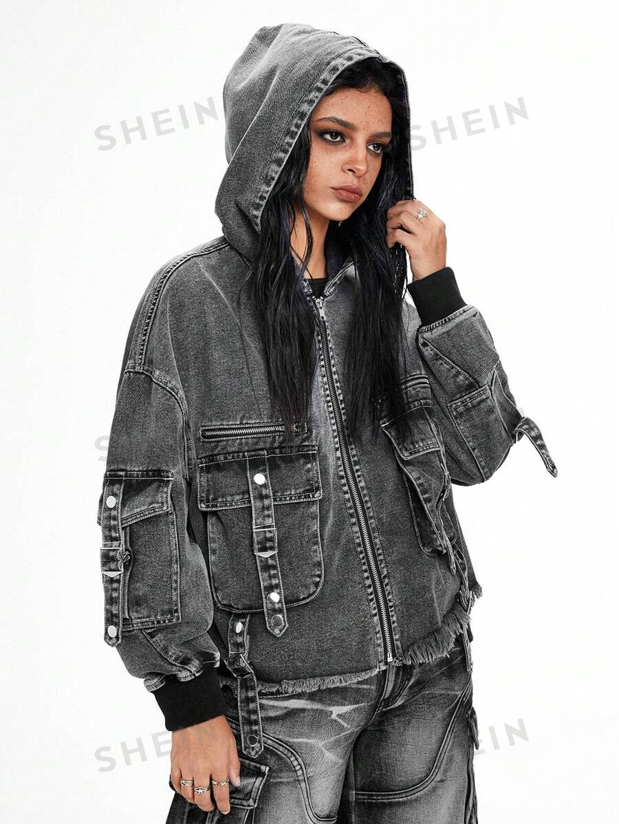 ROMWE Grunge Punk Punk Rock Style 3D Pockets Embellished Loose Denim Jacket For Women | SHEIN