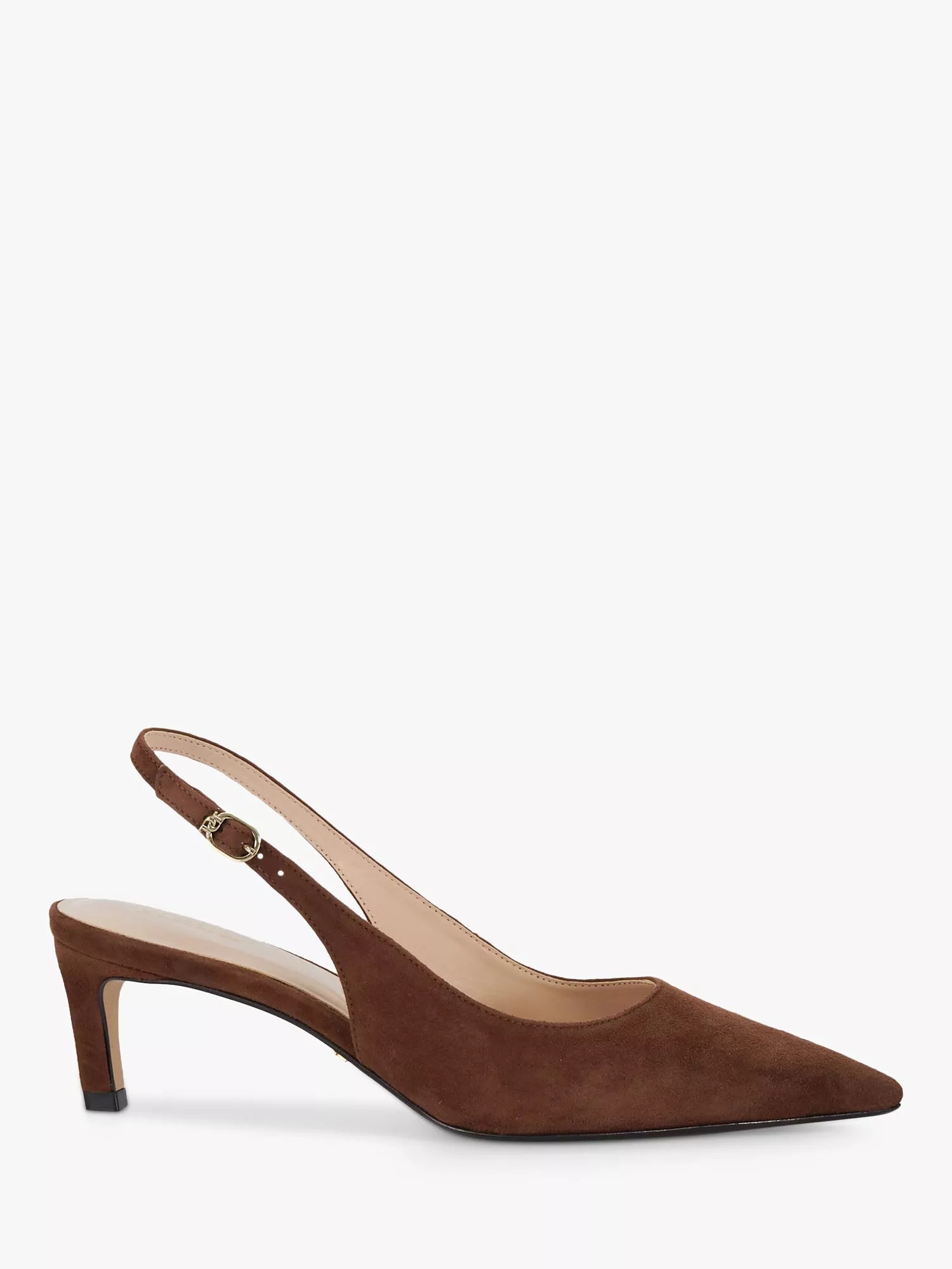 Dune Celinna Suede Heeled Slingback Pointed Courts, Chestnut | John Lewis (UK)