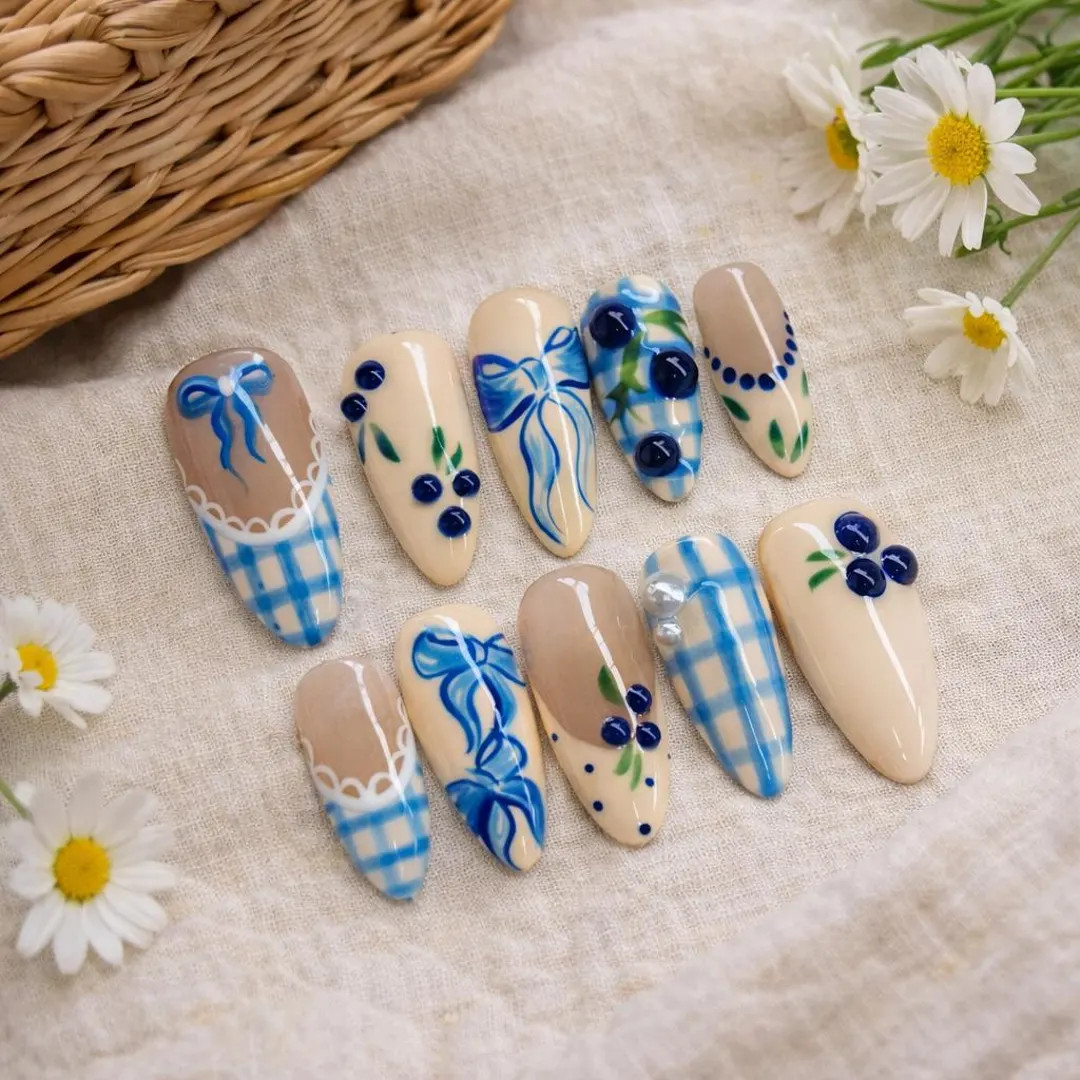 Handmade Summer Fruit Press On Nails: 3D Lemon Blueberry Cottagecore, Bow Accent, Unique Almond N... | Etsy (US)