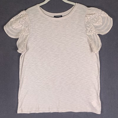 Express Top Women L Beige Flutter Puff Eyelet Embroider Sleeve Neutral Tee Y2k | eBay US