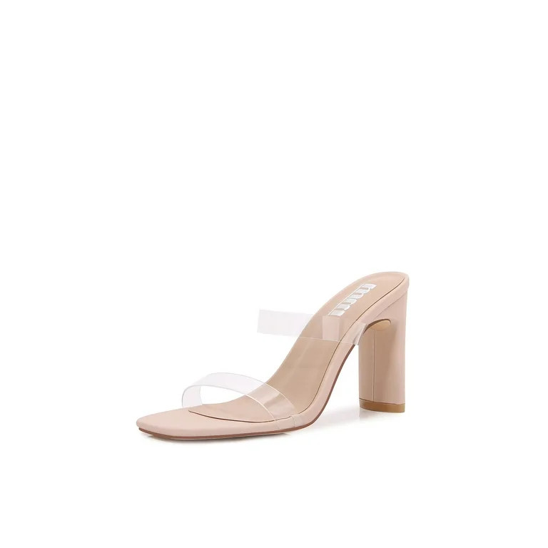 Women Double Strap High Chunky Heeled Slip On Slide Sandals (Double TPU Beige, 6) | Walmart (US)