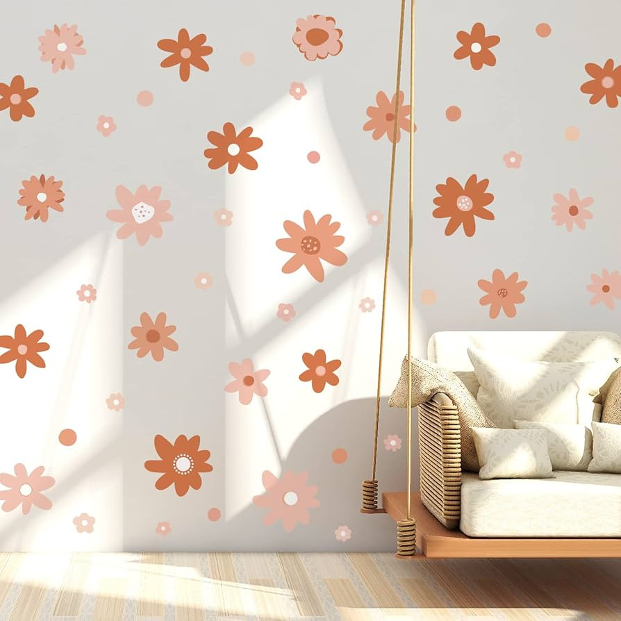 Supzone Autumn Daisy Flower Wall Stickers Retro Flowers Wall Decals Boho Orange Pink Floral DIY V... | Amazon (US)