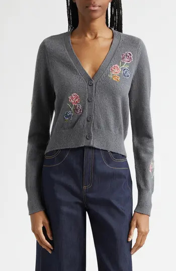 Cinq à Sept Nikko Floral Ribbons Cotton Blend Cardigan in Dark Grey at Nordstrom Rack, Size Large | Nordstrom Rack