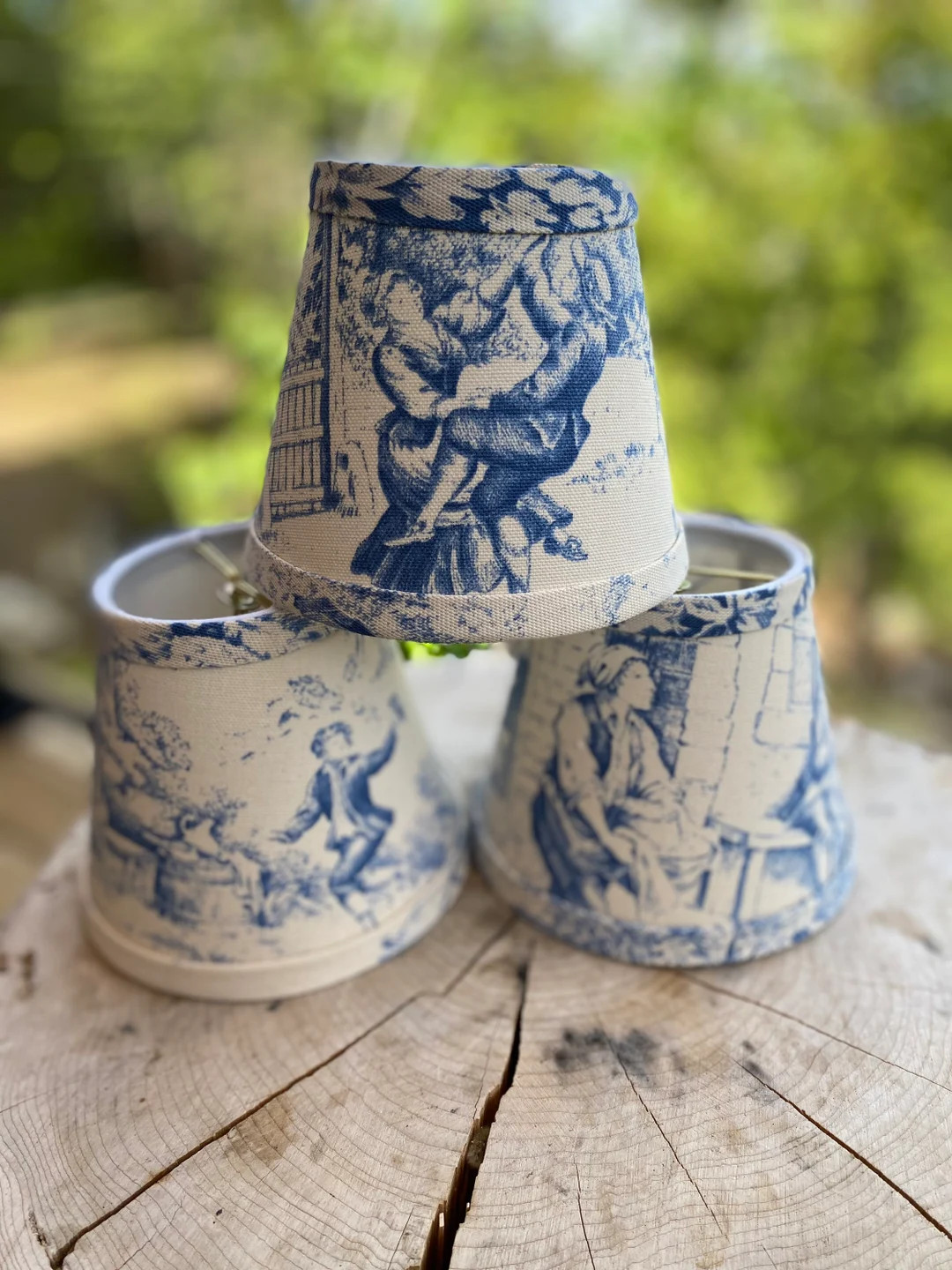 Blue toile chandelier lampshade Stof France Festin Bleu cotton duck wall sconce lampshade | Etsy (US)