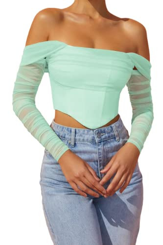 AHAIJ Women's Sexy Mesh Sheer Long Sleeve Corset Crop top Ruched Off Shoulder Blouse Shirts Cute Push Up Party Boned Bustier (Light Green, XX-Large) | Amazon (US)