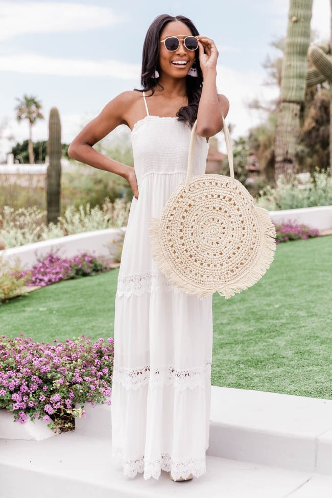 A Daily Reminder Smocked Lace White Maxi Dress | Pink Lily